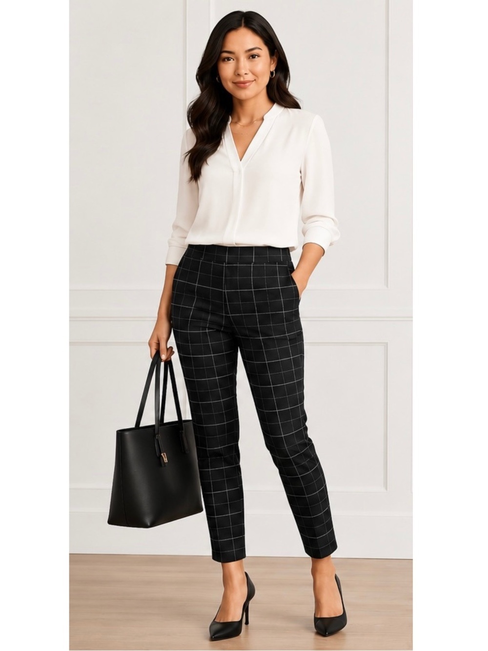 Calvin Klein Black White Windowpane Plaid Pull-On Stretch Ankle Pants 10 Large